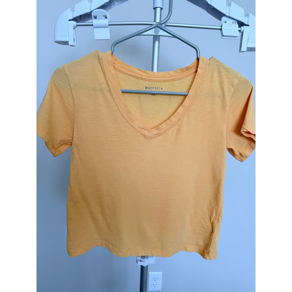 Athleta T-Shirt Womens XXS Orange Cotton Slub V-Neck Short Sleeve Cropped Active